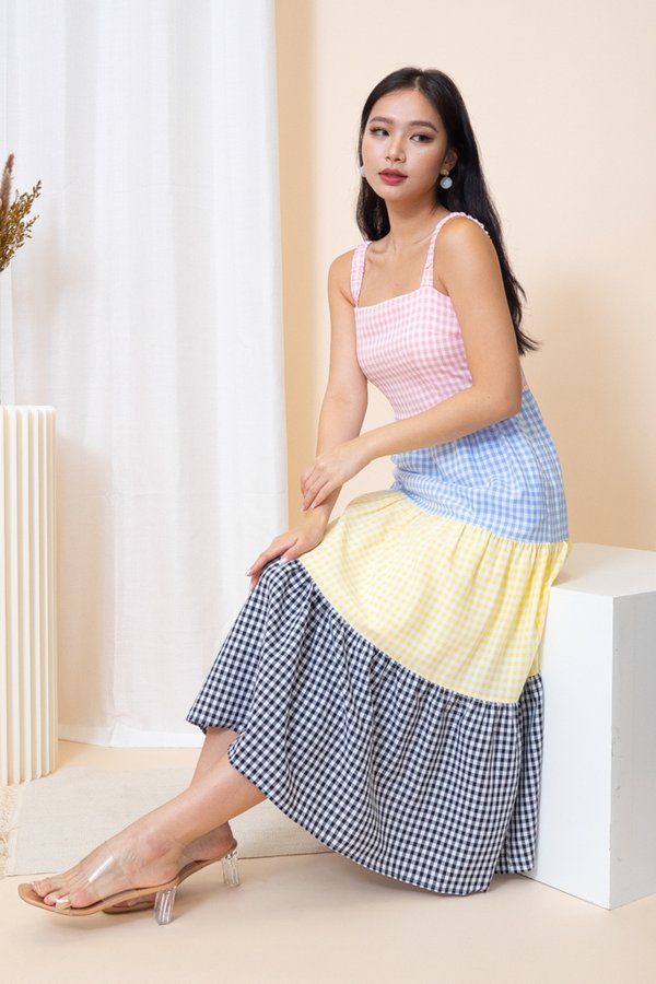 Zayla Colourblock Tiered Dress in Pink Gingham