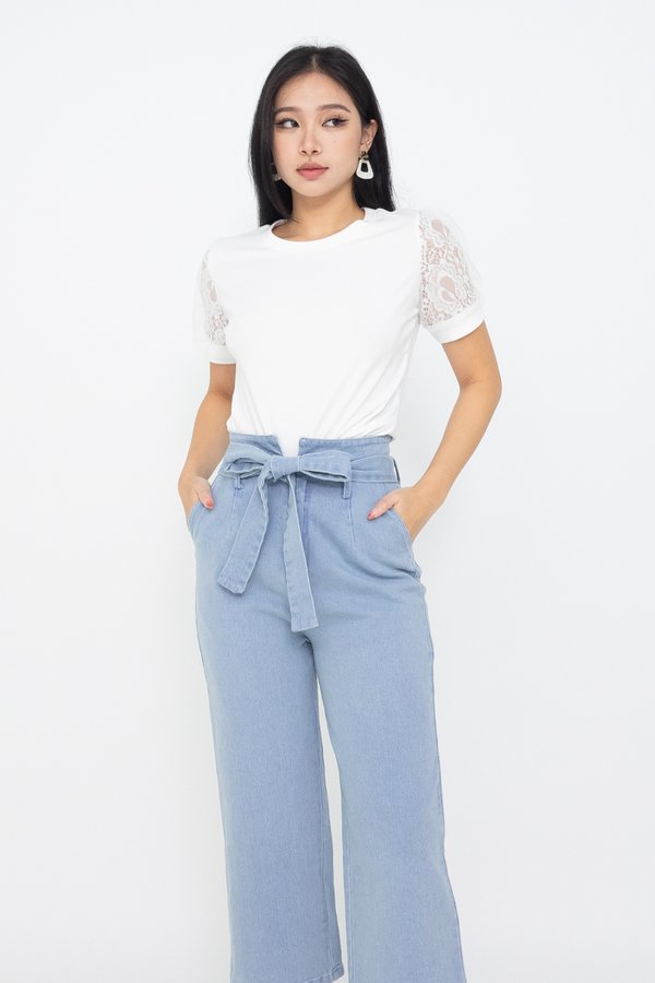 Orson Puff Lace Sleeved Basic Top in White