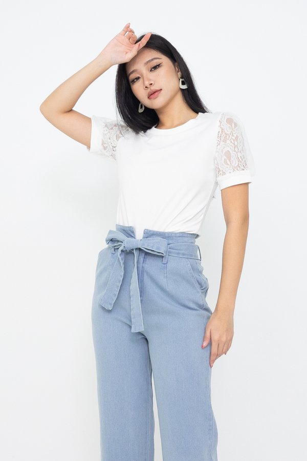 Orson Puff Lace Sleeved Basic Top in White
