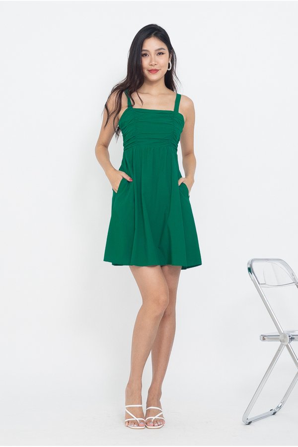 Liberty Ruched Babydoll Romper Dress in Kelly Green