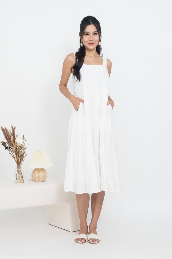 Devera Pin Tuck Tiered Midi Dress in White