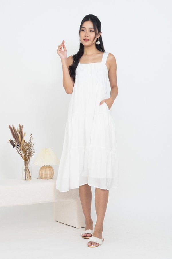 Devera Pin Tuck Tiered Midi Dress in White