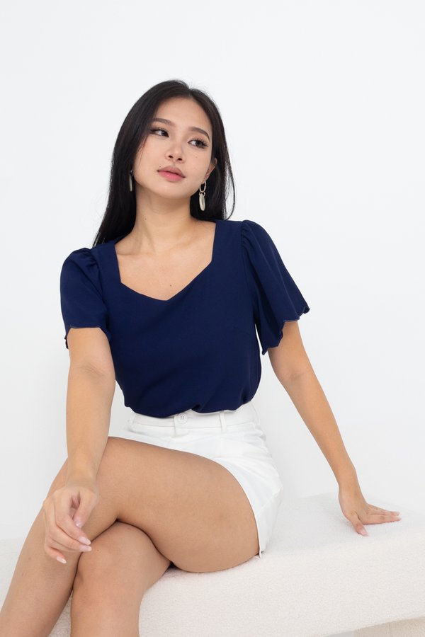 BACK IN STOCK Nevena Scallop Sleeves Top in Navy