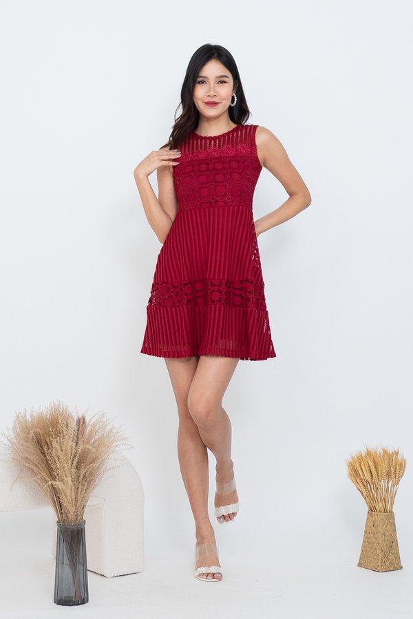 EXCLUSIVE Jemma Crochet Panel Dress in Wine Red