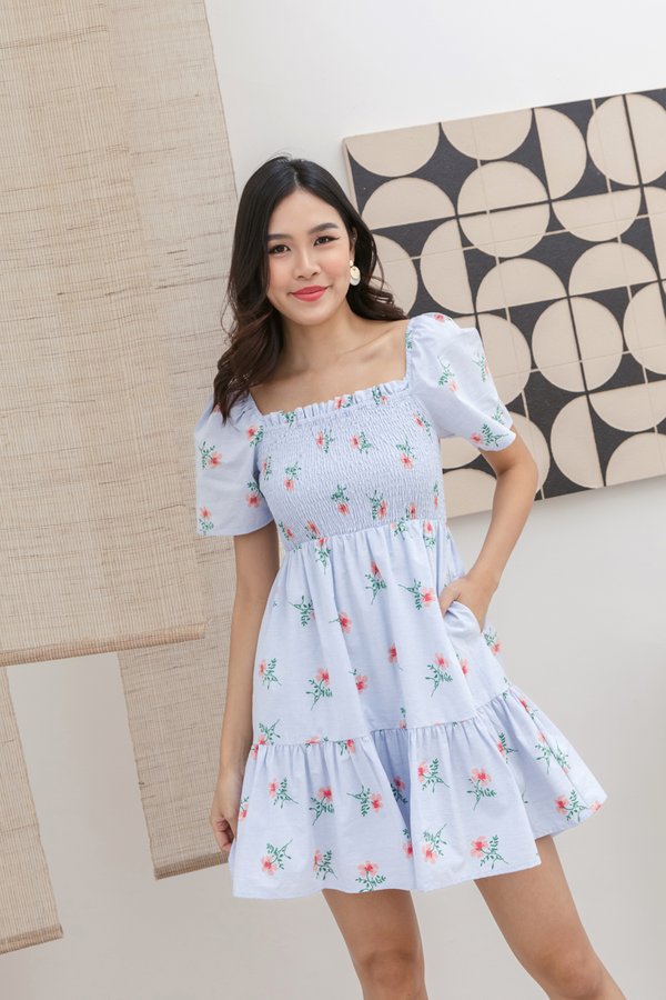 Aiko 2-Way Smocked Dress in Blue Florals